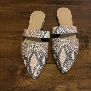 Able snake print leather flat mules size 10